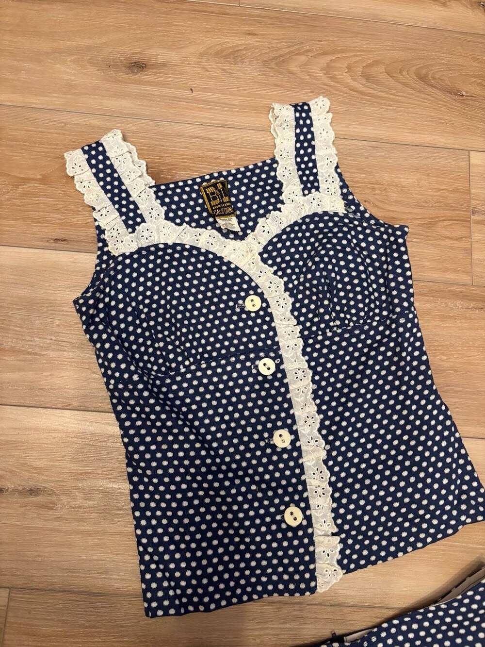 70s Betty Lou of California Vintage Navy White Polka Dot Eyelet Trim Set no size - Picture 2 of 12